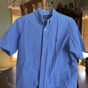 Ralph Lauren Polo Shirt Mens XL Blue Plaid Short Sleeve Button Down Classic